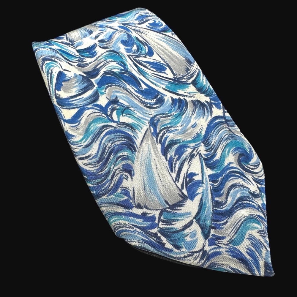 Stefano Milano Mens Silk‎ Tie Blue White Sailboat Nautical Wave Hand Made Italy